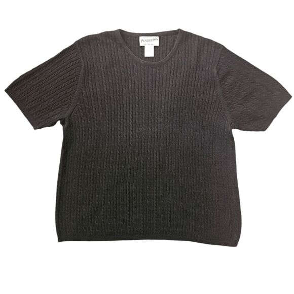 Vintage Pendleton Black Cotton Cable Knit Short Sleeve Top Size L - Picture 1 of 5